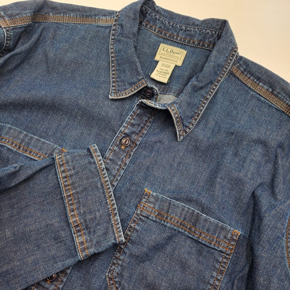 LL Bean Mens XXXL Tall Blue Denim Shirt Traditional Fit Long Sleeve